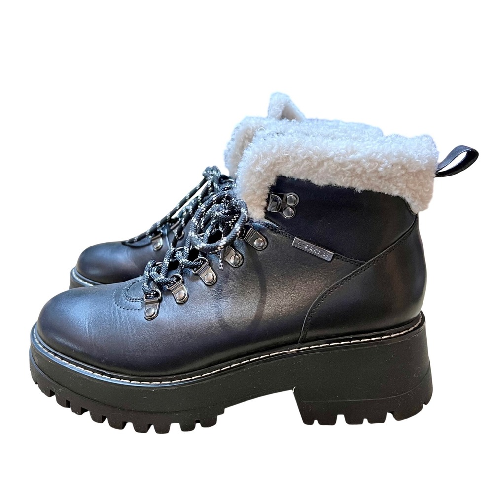 Calvin Klein Womens Black Leather Kristel Lace Up Hiker Fur Sole Booties Size 10